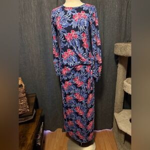 Lilly‎ Pulitzer Navy Pink Floral Long Sleeve Maxi Dress Gold Button Cuffs Large